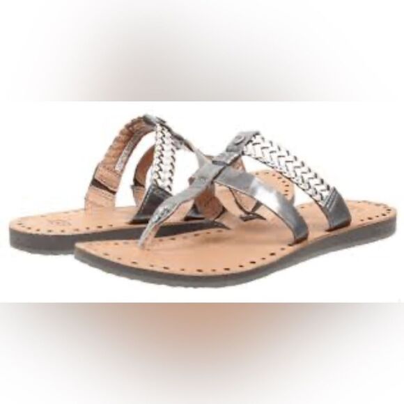 UGG Audra Metallic Silver Braid Leather Double Strap Thong Slide Boho Sandals - Picture 2 of 16
